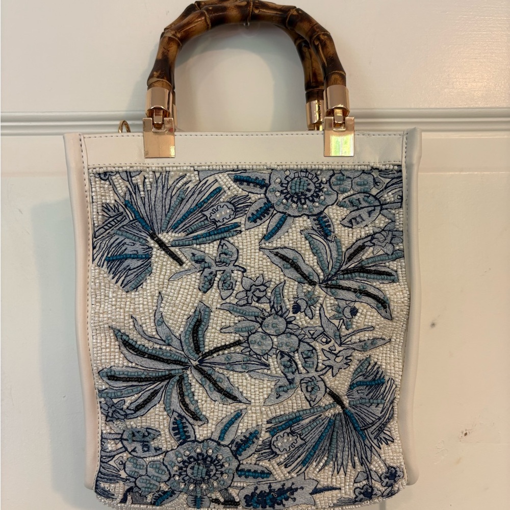 Viral TikTok Elegant Floral Tropical Beaded Tote Bag White & Blue Bamboo Handles